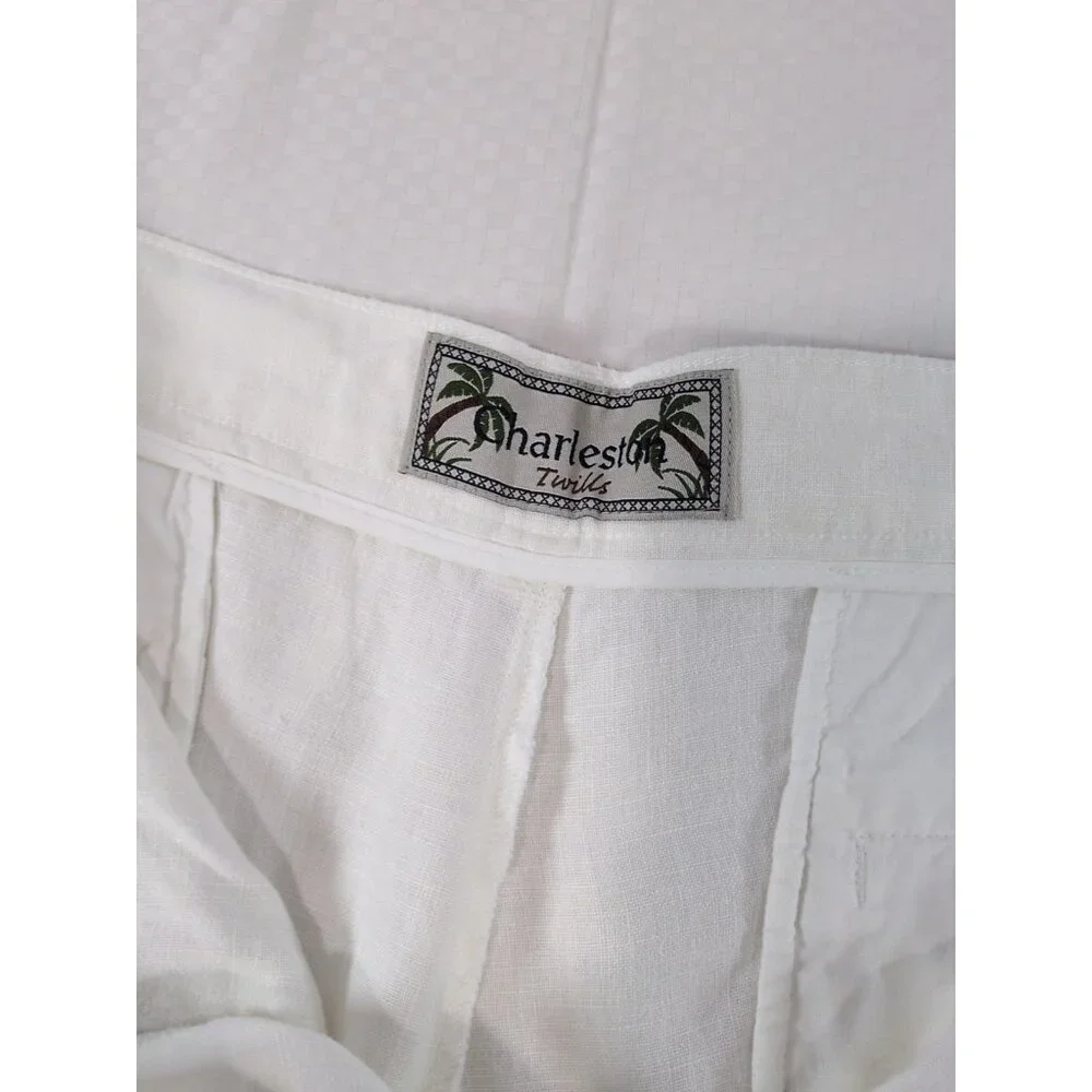 Charleston Twills Shorts Mens White 100% Linen - Chino Flat Front 40 X 9 - Picture 5 of 9